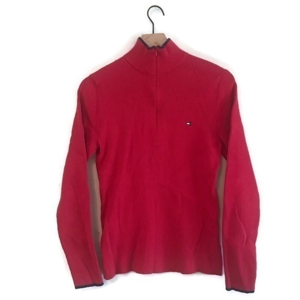 Tommy Hilfiger Red French Rib Half Zip Mock Neck Long Sleeve Sweater Size Large